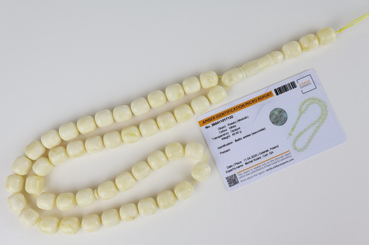 Pressed White Baltic Amber Rosary (49.60g) - Certified Mesbah with minor imperfections