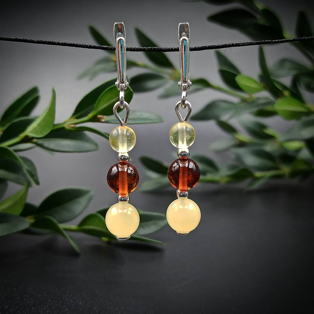 Tricolor Baltic Amber & Sterling Silver Dangle Earrings (48mm)