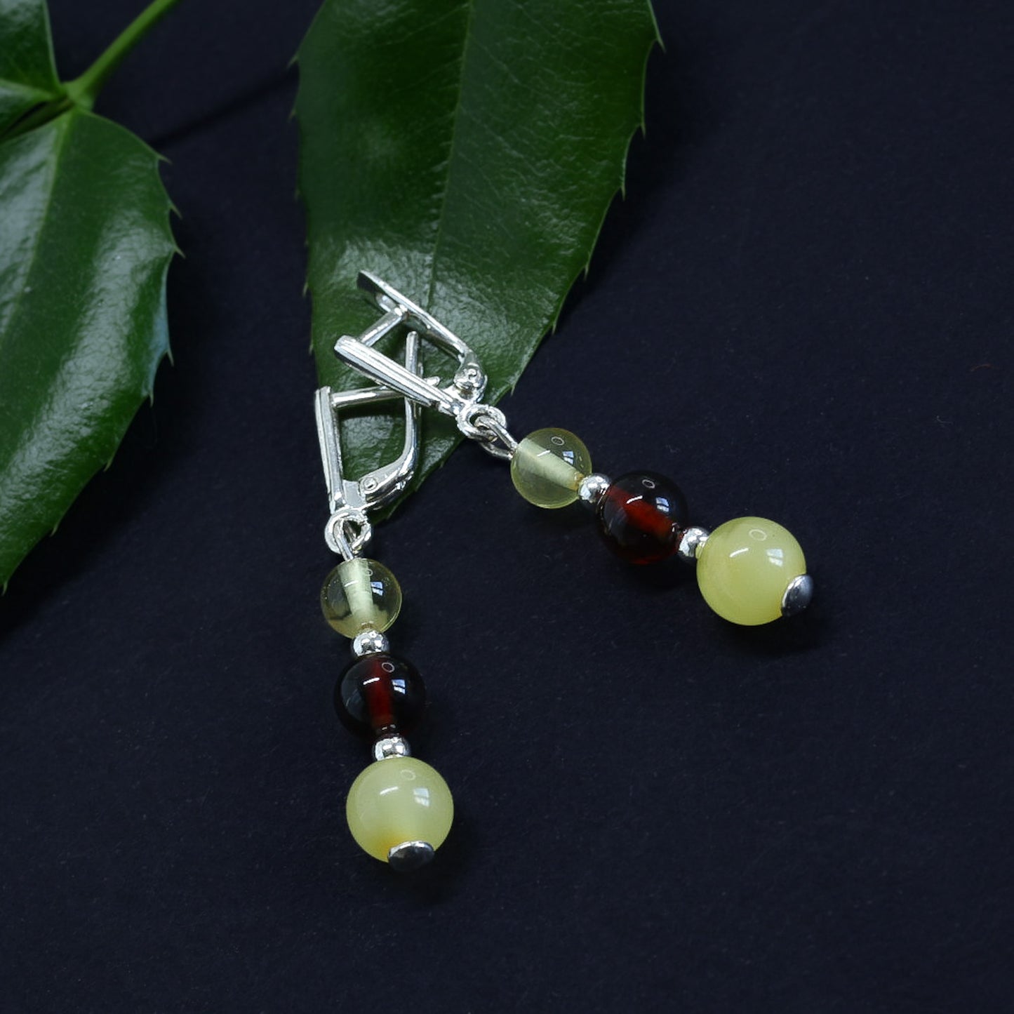Amber Silver 3 Beads Earrings