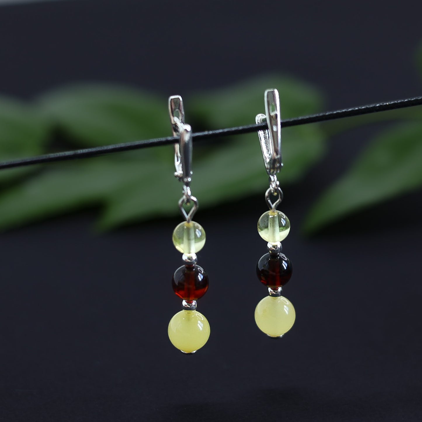 Amber Silver 3 Beads Earrings