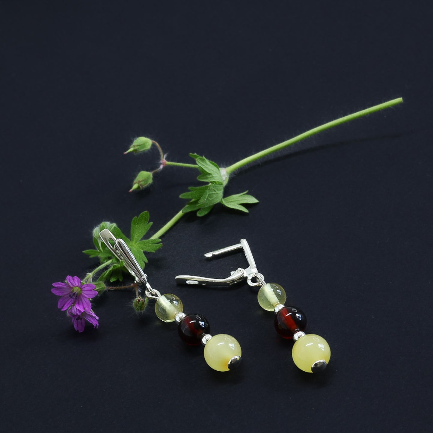 Amber Silver 3 Beads Earrings