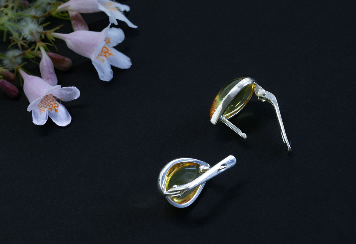 Translucent Amber Earrings 925 Silver - Elegant Drop Earrings with Lever Back Clasp