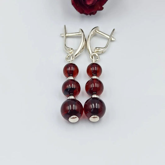 Amber Silver 3 Beads Earrings