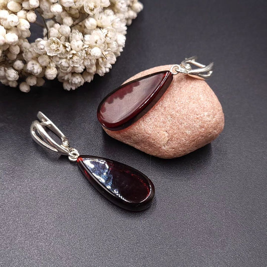 Cognac Amber Teardrop Earrings in Sterling Silver