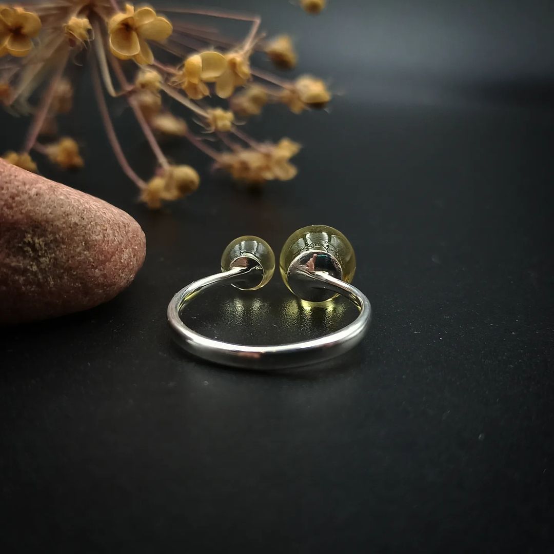 Amber Silver 2 Beads Ring
