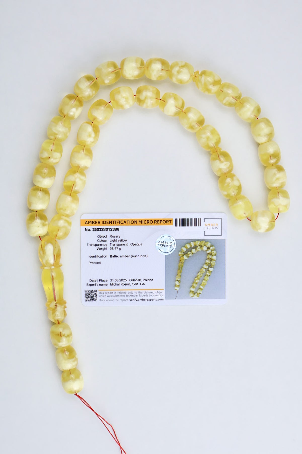 Certified Baltic amber misbaha 58.47g light yellow succinite prayer beads with laboratory identification report from Gdansk Poland – Tetibel