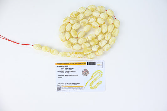 43.37g Baltic amber prayer beads (misbaha) with hand-carved ridges certified by Amber Experts Laboratory in Gdansk, Poland.