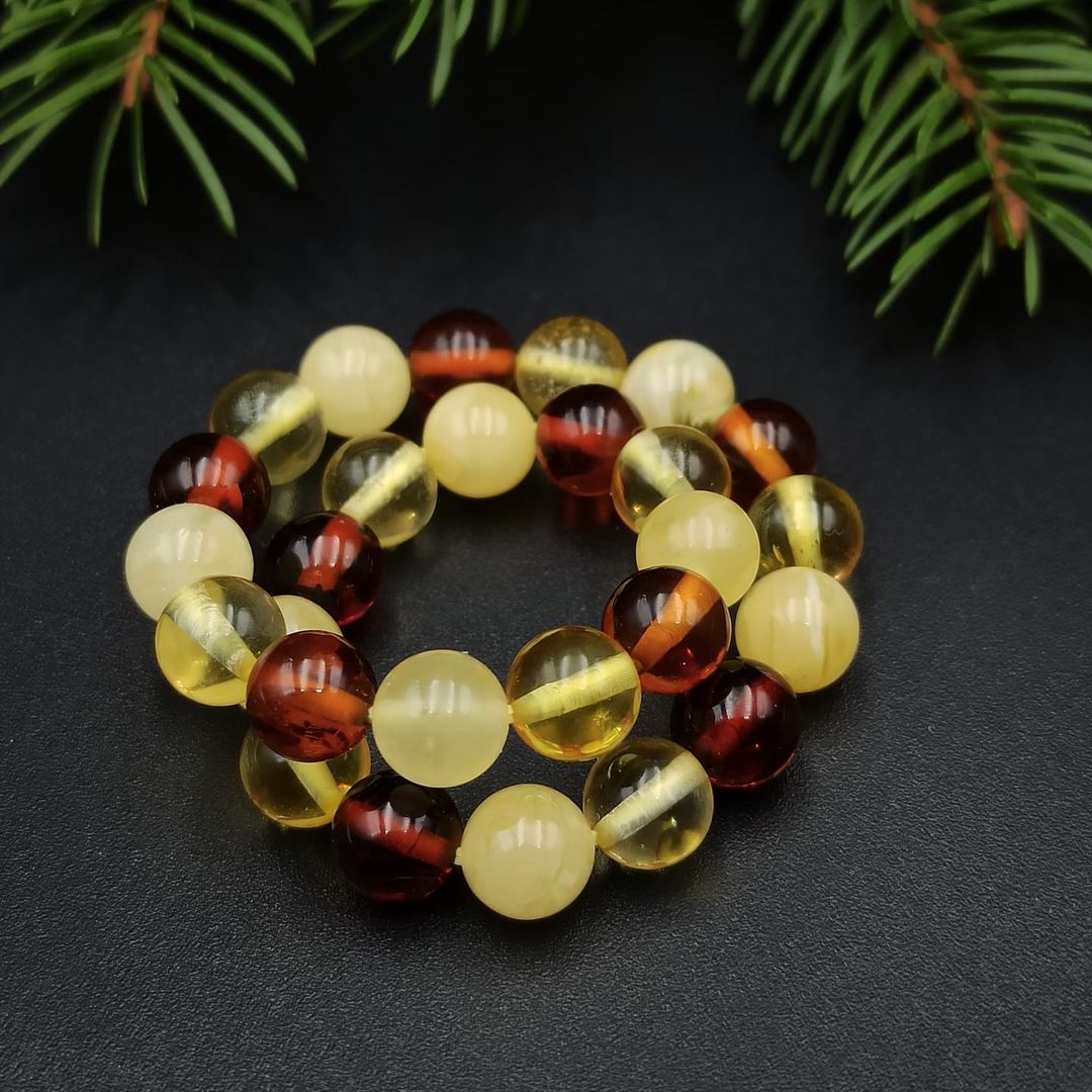 Multicolor Baltic Amber Bead Bracelet – Natural Round Amber Jewelry