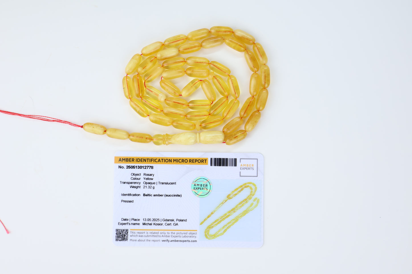 Pressed Baltic amber rosary 69 beads 13x5.5mm 21.32g with lab certificate from Tetibel Amber Jewels