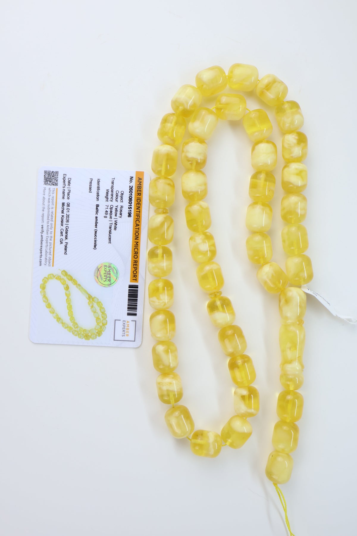 Pressed Baltic amber rosary 71.49g yellow white with lab certificate from Tetibel Amber Jewels