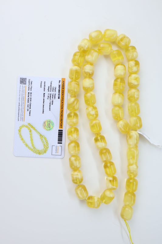 Pressed Baltic amber rosary 71.49g yellow white with lab certificate from Tetibel Amber Jewels