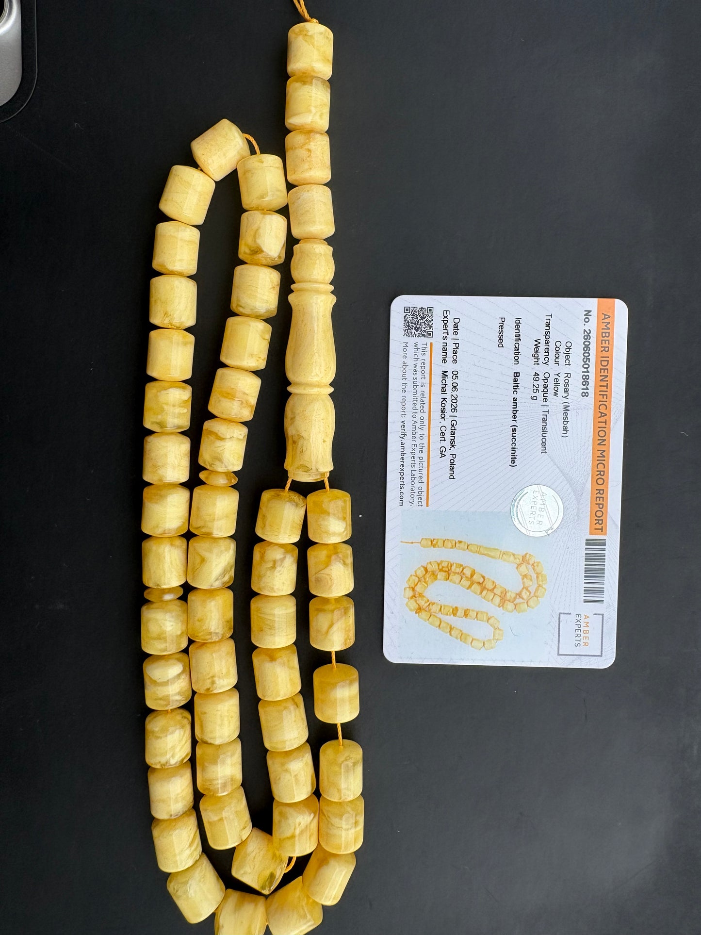 Certified Pressed Yellow Baltic Amber Rosary (Mesbah) | 49 Cylinder Beads (11.8x10mm)