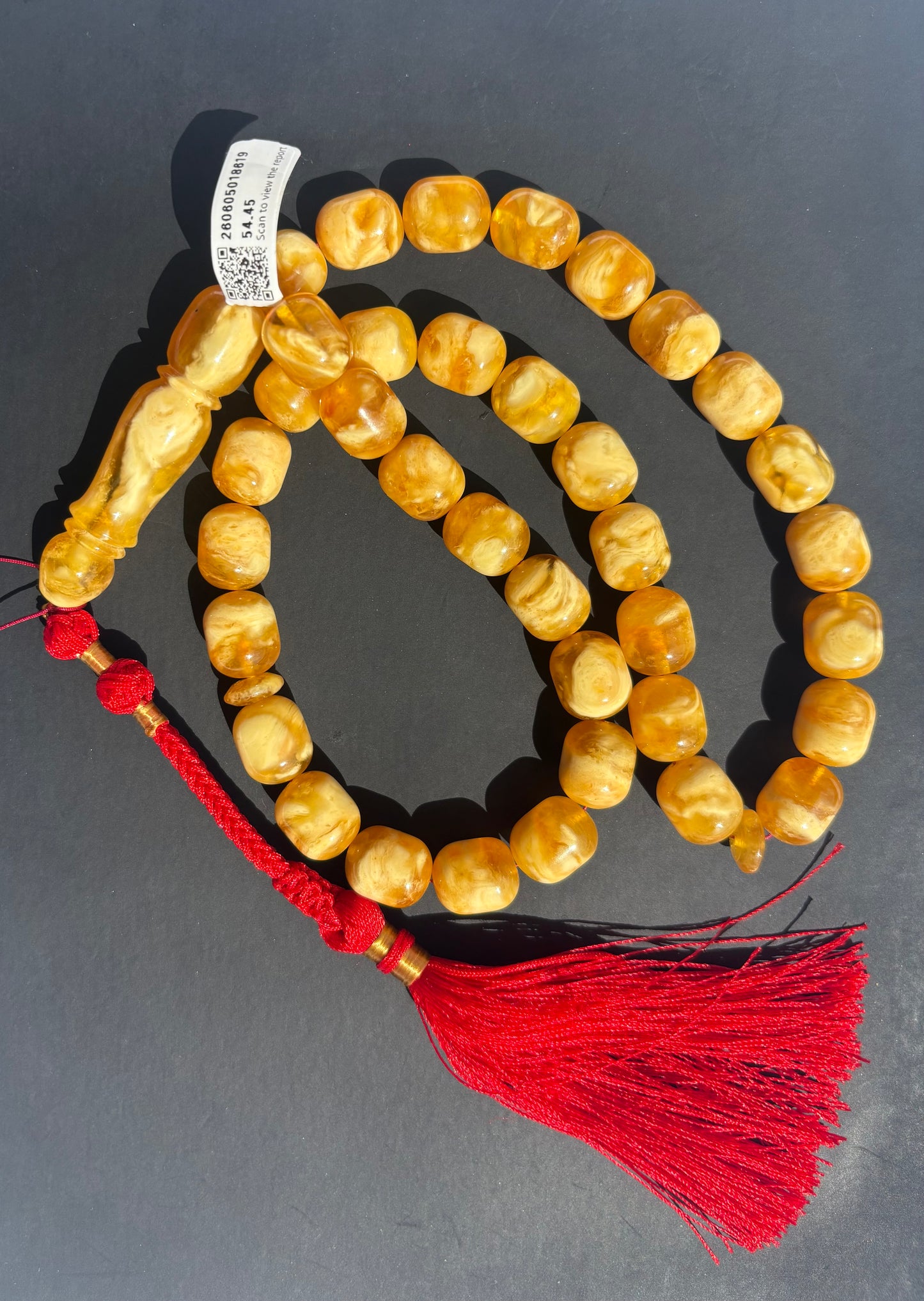 Certified Pressed Orange-Yellow Baltic Amber Rosary (Mesbah) | 36 Oval Beads 54,45g with Handmade Tassel