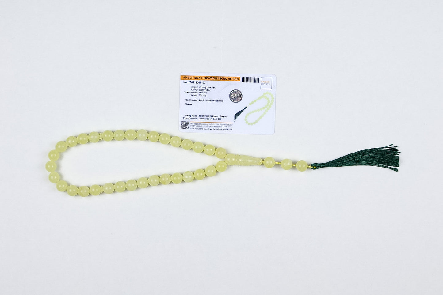 Naturhellgelber baltischer Bernstein-Rosenkranz (25,10g) | Zertifizierter Mesbah mit kleinen Mängeln (3 Perlen mit Mängeln)