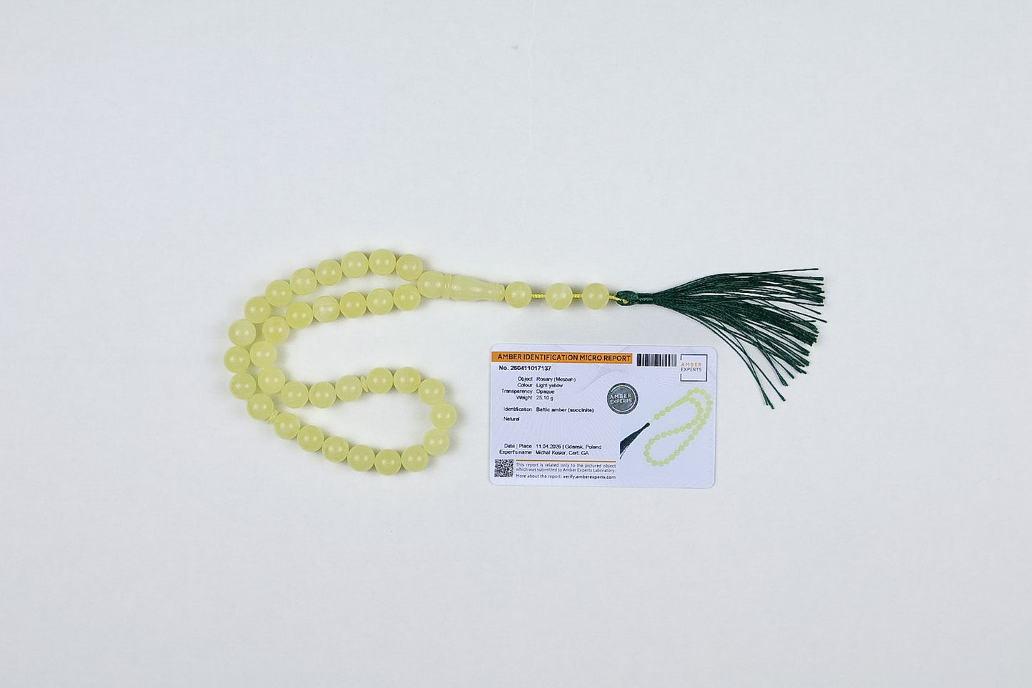 Naturhellgelber baltischer Bernstein-Rosenkranz (25,10g) | Zertifizierter Mesbah mit kleinen Mängeln (3 Perlen mit Mängeln)