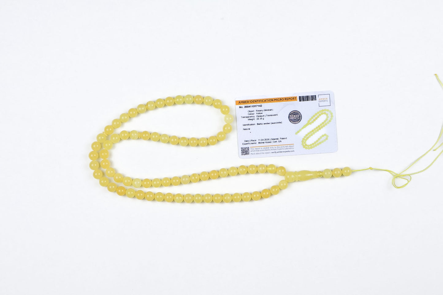 Natur Bernsteinkette (Misbah) – Zertifizierter Opaque Gelber Succinit, 28,38g – Tetibel Amber Jewels