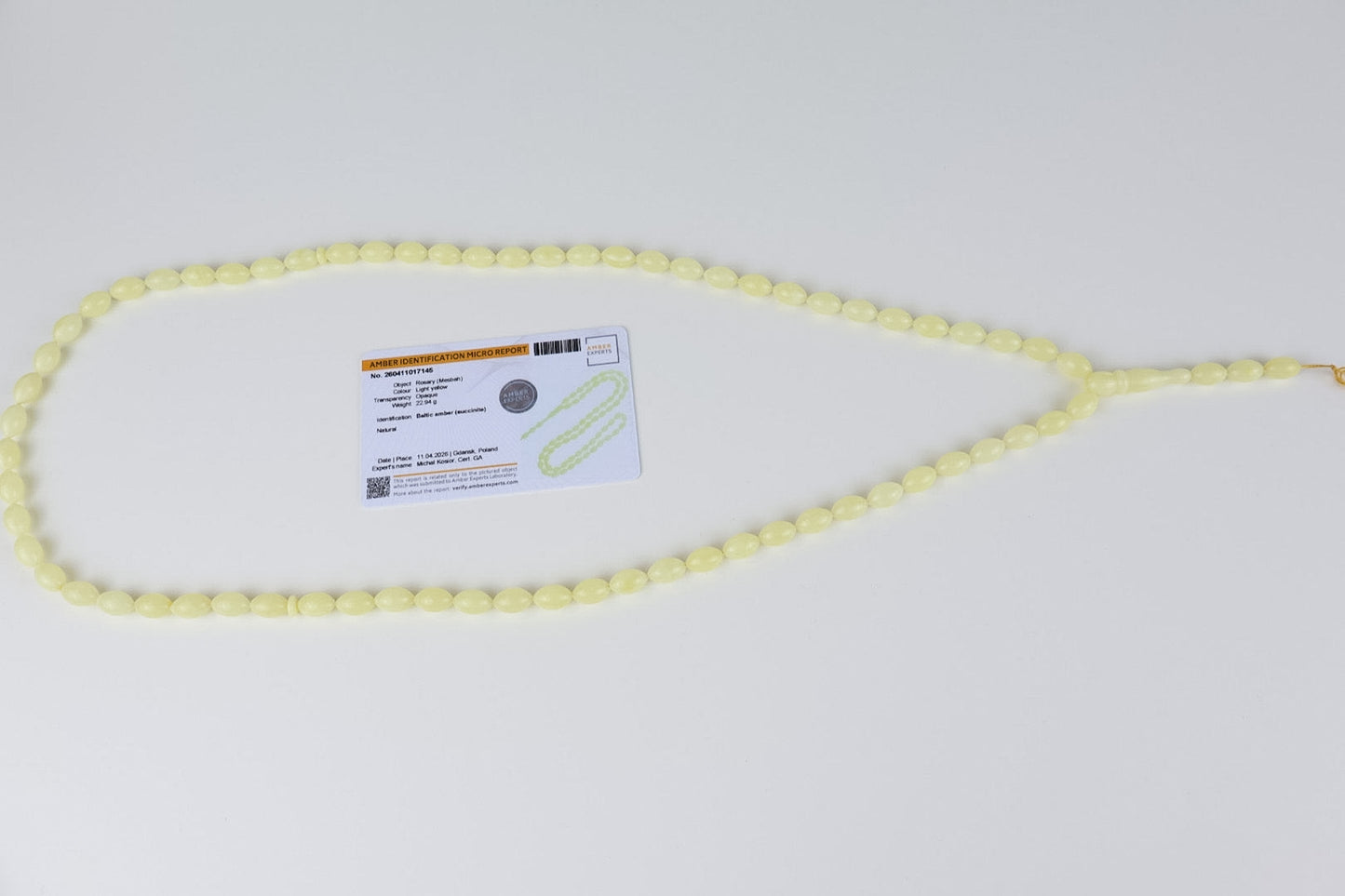 Naturhellgelber baltischer Bernstein Rosenkranz (22,94g) | Zertifizierte Mesbah | Tetibel