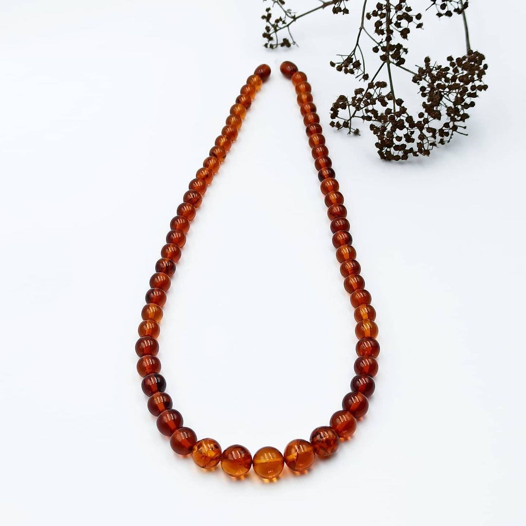 Cognac Bernstein-Halskette mit runden Perlen, natürliches poliertes Bernstein-Collier, Tetibel