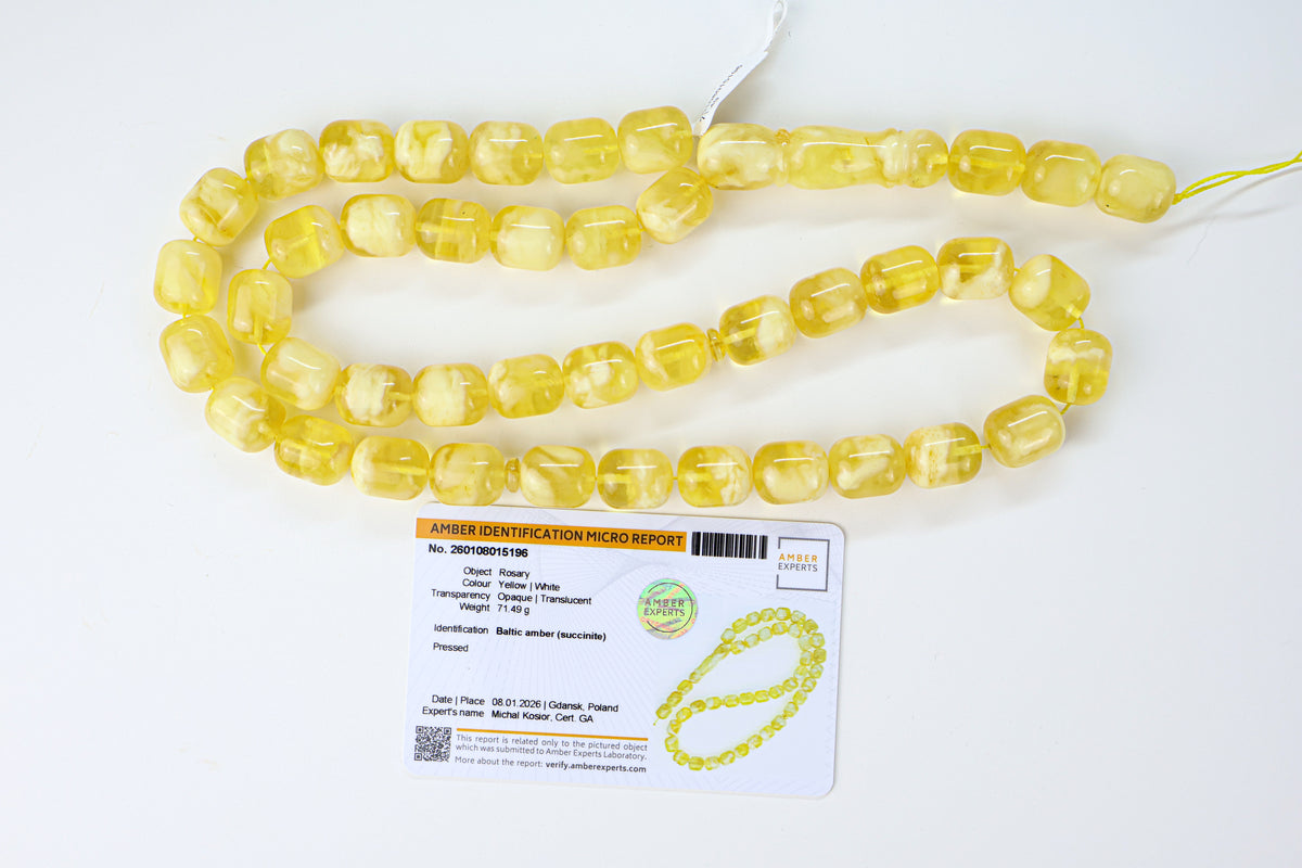 Laboratory certified Baltic amber rosary display with official micro report card No. 260108015196 from Tetibel Amber Jewels.