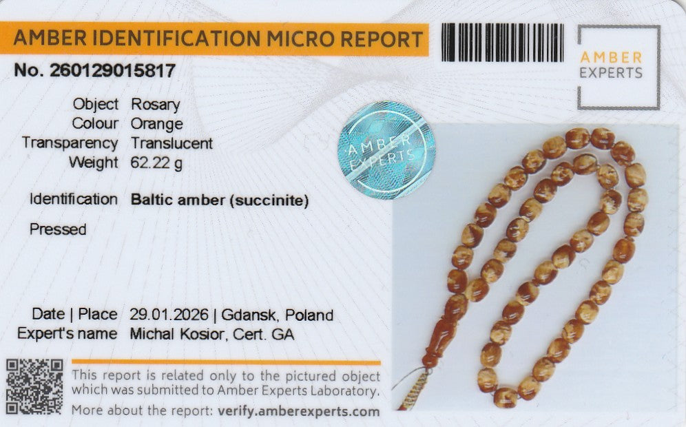 Amber Experts certificate for 62.22g Baltic amber succinite misbaha