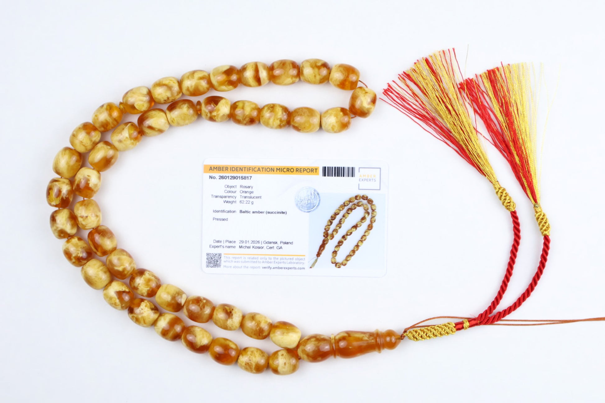 Certified Pressed Baltic amber misbaha 62.22g made of natural succinite with red and gold tassel