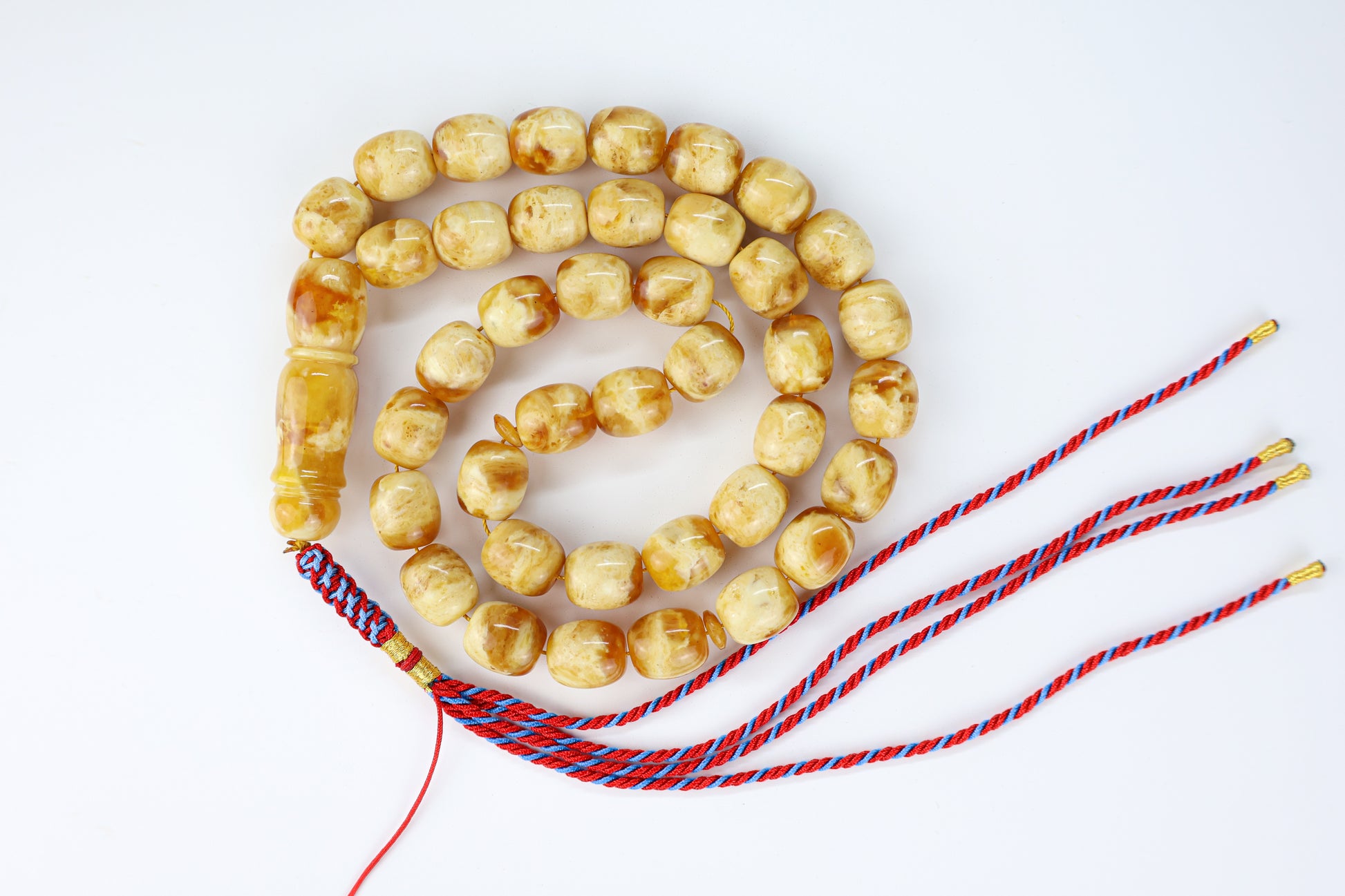 Pressed Baltic amber prayer beads 39 beads 13.5x12mm 59.95g with handmade red blue and gold Doha Qatar tassel and lab certificate from Tetibel Amber Jewels