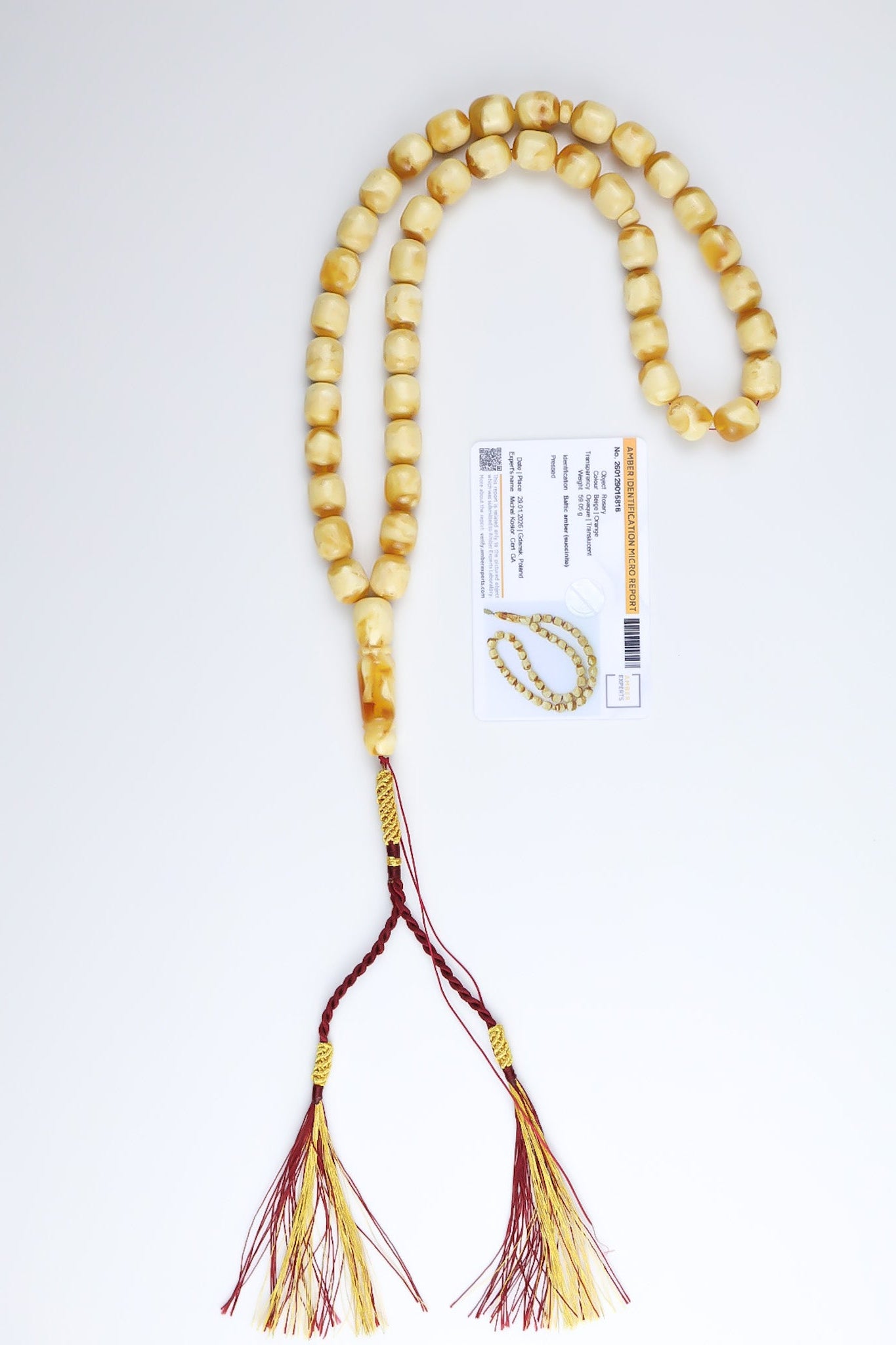 Certified 59g Baltic amber misbaha made of genuine beige and orange succinite with laboratory certificate from Gdańsk Poland