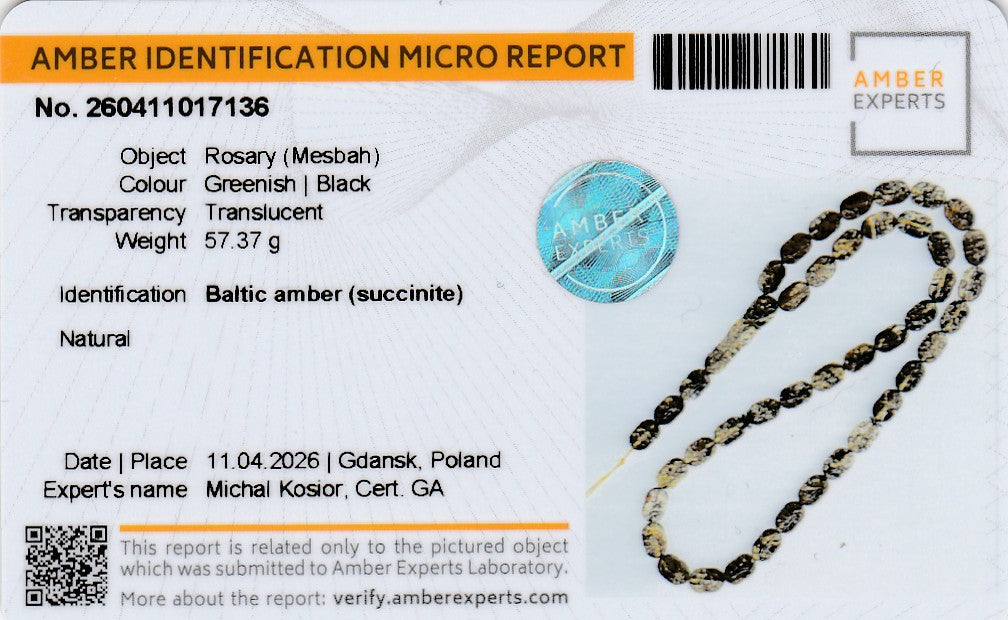 Certified natural greenish-black Baltic amber rosary (Mesbah) with translucent beads, 57.37g