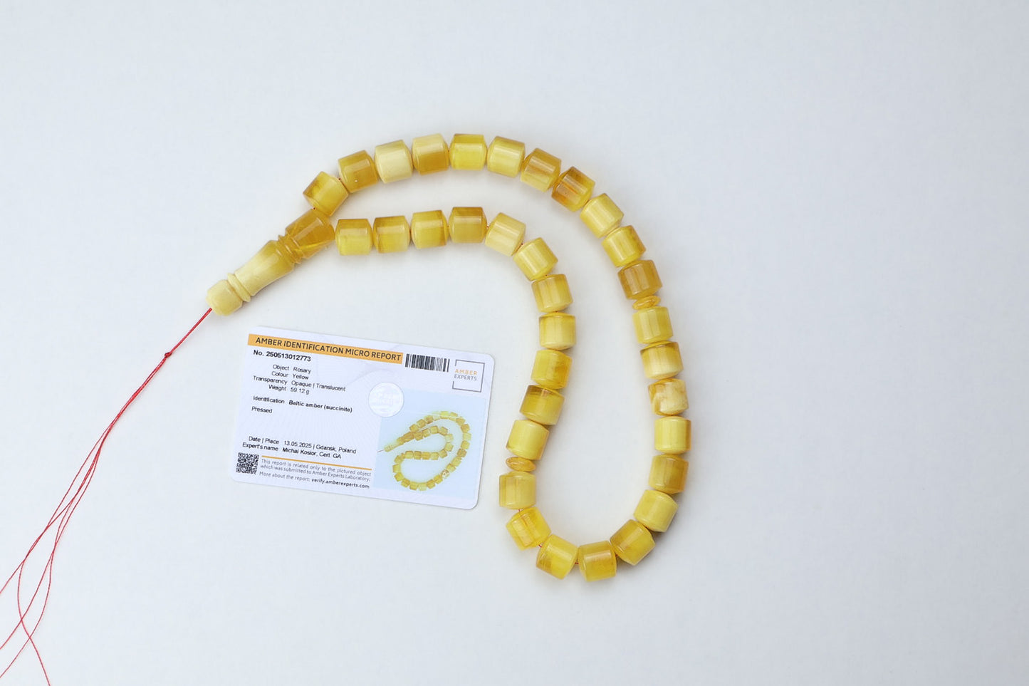 Genuine Baltic amber prayer beads 59 grams with laboratory certificate, natural yellow succinite misbaha Germany
