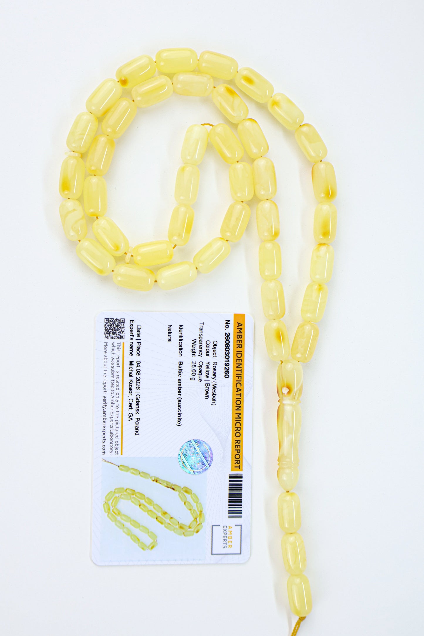 Genuine yellow Baltic amber Mesbah made from natural opaque succinite amber.