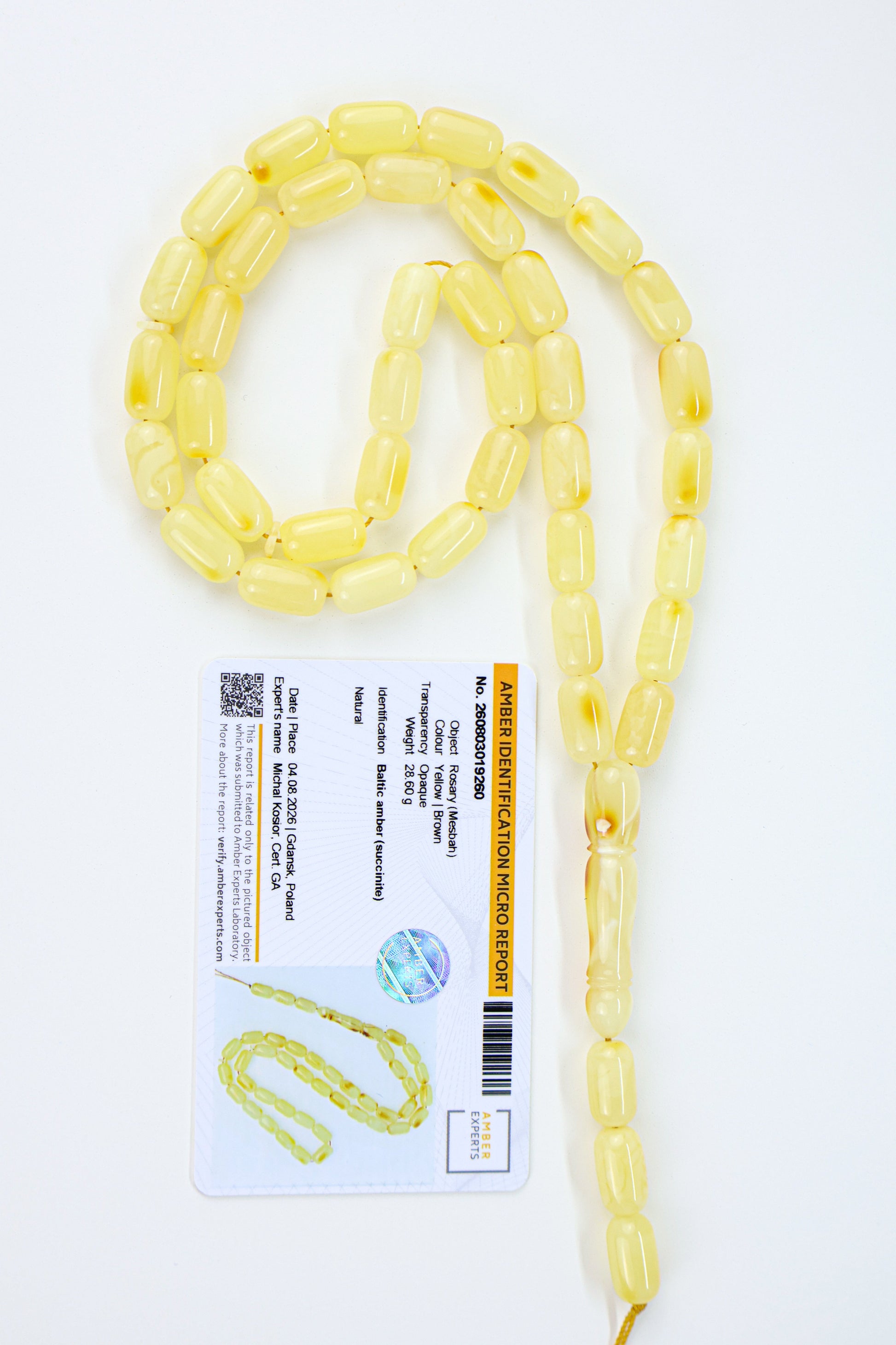 Genuine yellow Baltic amber Mesbah made from natural opaque succinite amber.