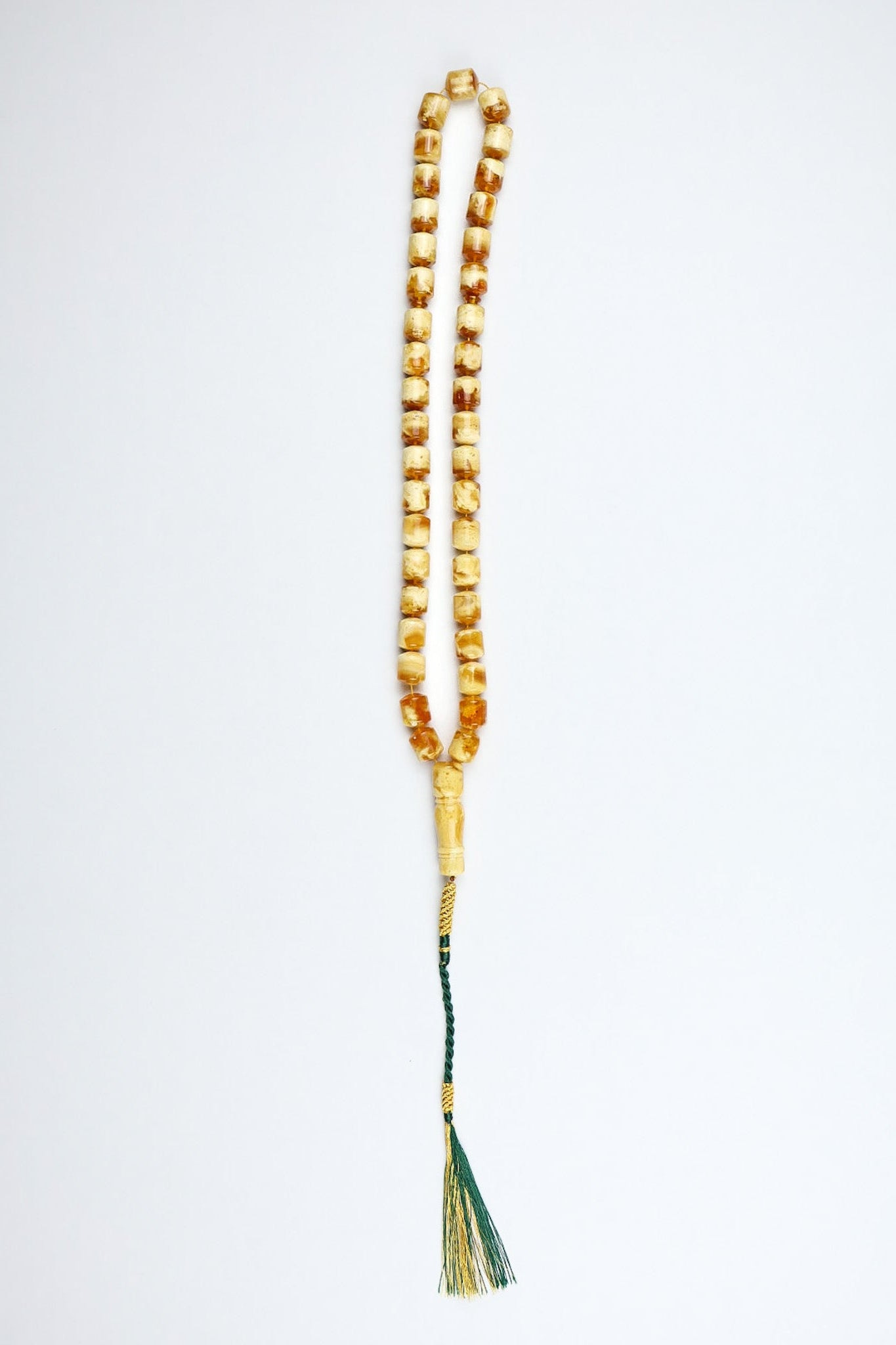 Natural Baltic amber prayer beads (misbaha) 66g certified succinite with large cube beads and green tassel, laboratory verified in Gdansk Poland.