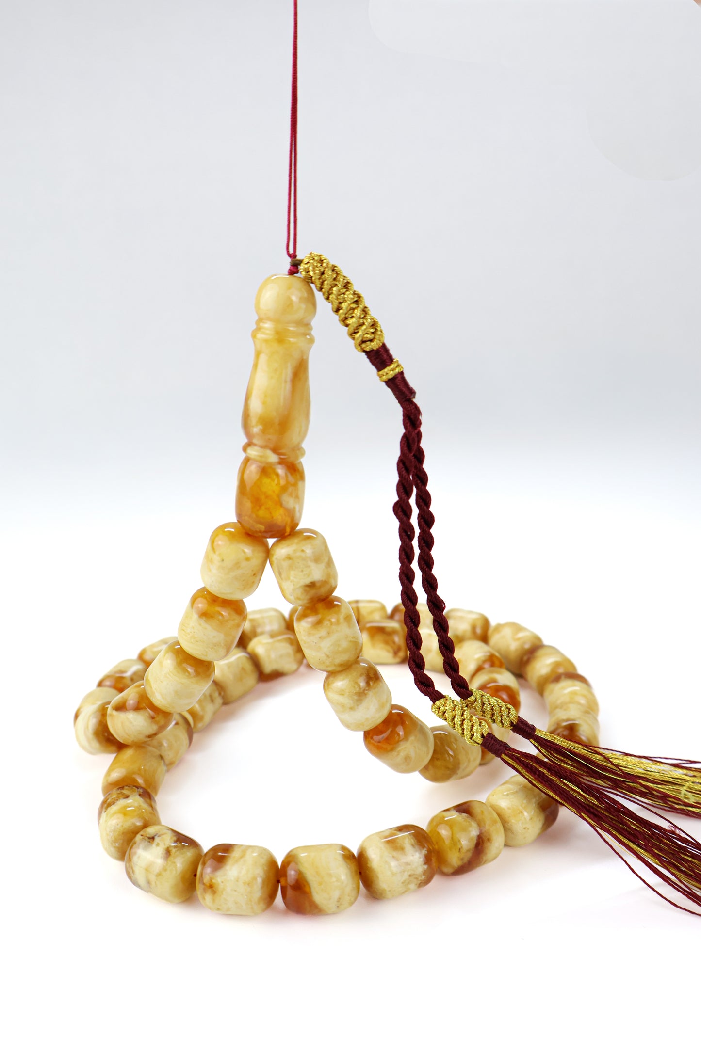 Pressed Baltic amber prayer beads 42 beads 15x12mm 72.25g with handmade burgundy and gold Doha Qatar tassel and lab certificate from Tetibel Amber Jewels