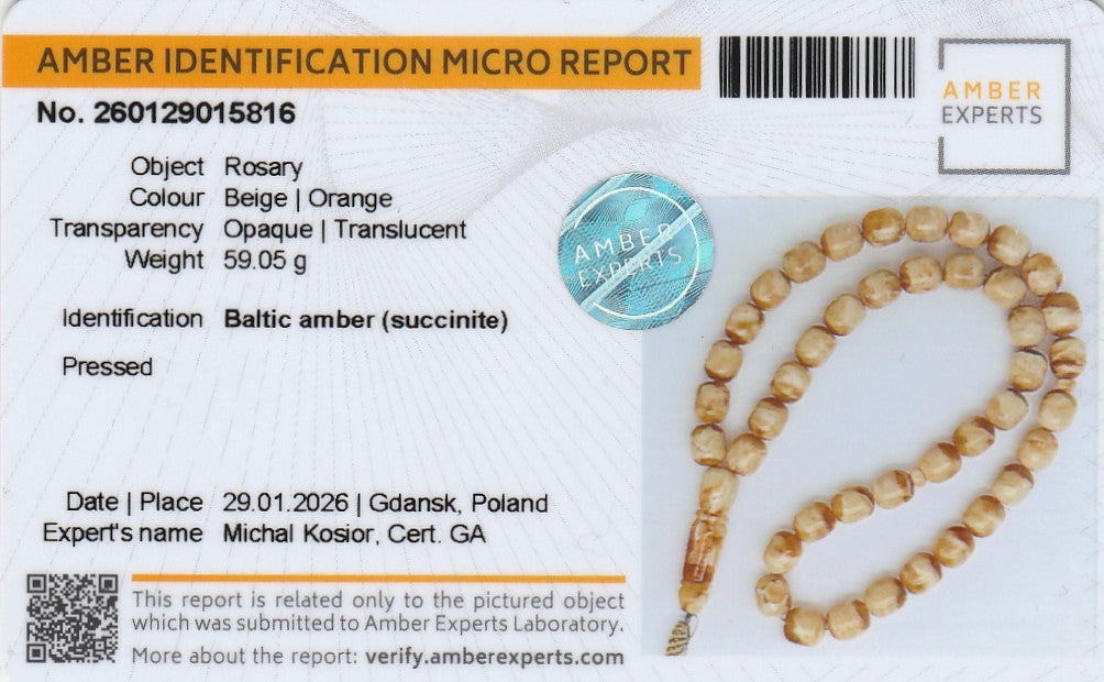 Certified Baltic amber tasbih 59 grams beige orange prayer beads from Baltic Sea region