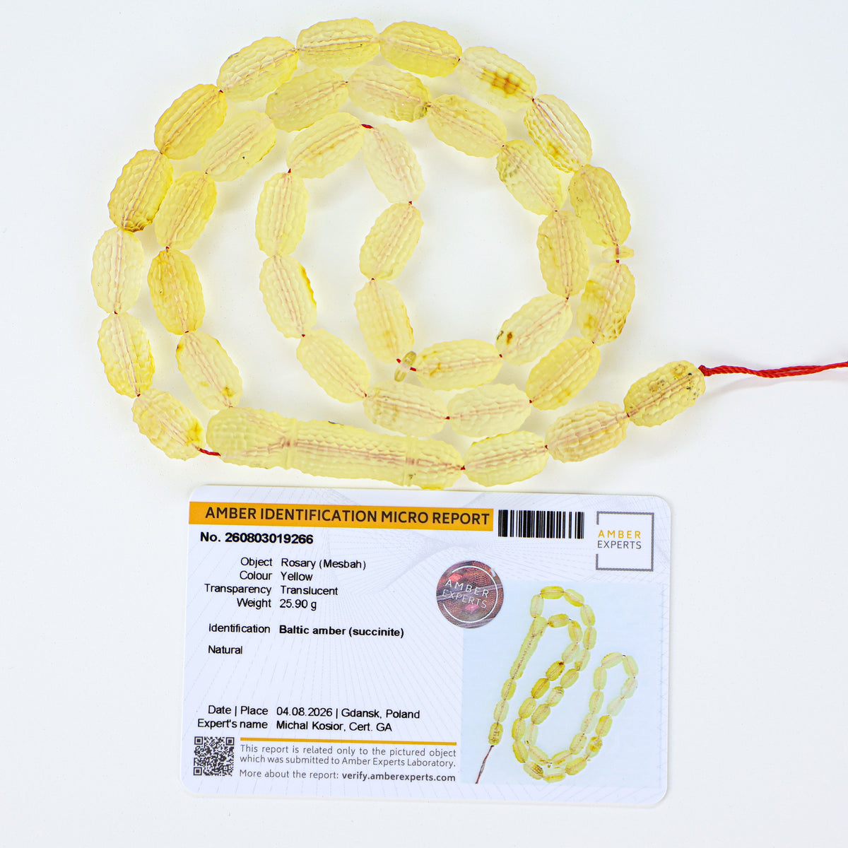 25.90g natural Baltic amber prayer beads (misbaha) with hand-carved ridges certified by Amber Experts Laboratory in Gdansk, Poland.