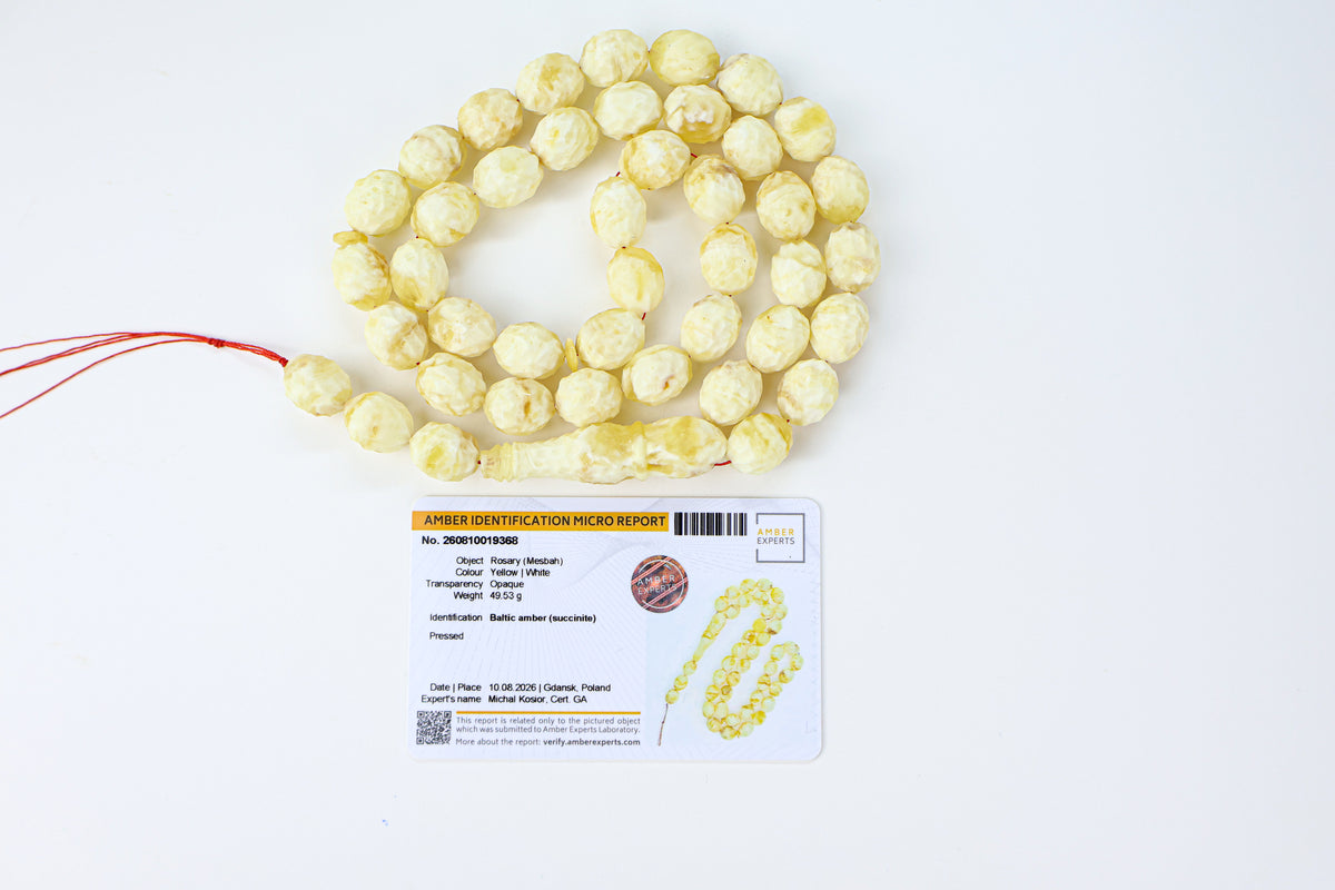 49.53g Baltic amber prayer beads (misbaha) with hand-carved ridges certified by Amber Experts Laboratory in Gdansk, Poland.
