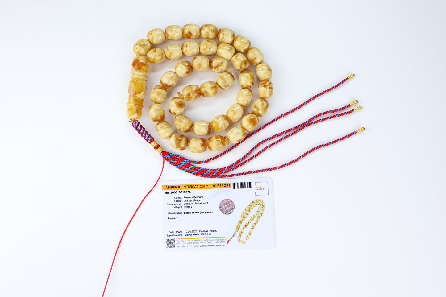 Pressed Baltic amber prayer beads 39 beads 13.5x12mm 59.95g with handmade red blue and gold Doha Qatar tassel and lab certificate from Tetibel Amber Jewels