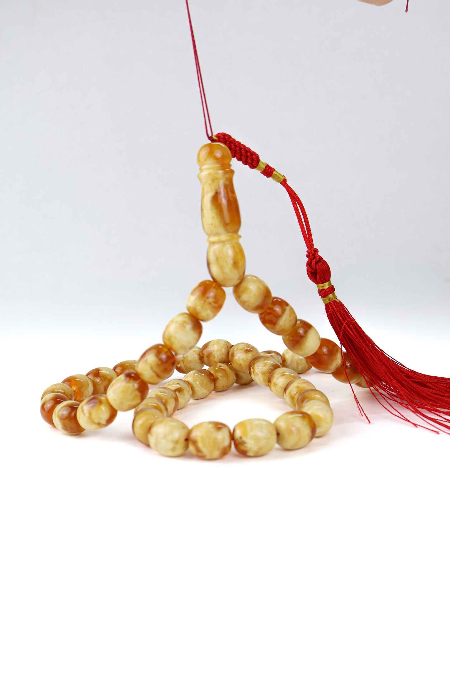 Pressed Baltic amber prayer beads 42 beads 13.5x12mm 63.63g with handmade red Qatari tassel and lab certificate from Tetibel Amber Jewels