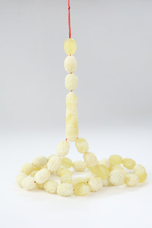Pressed Baltic amber carved prayer beads 42 beads 15x11mm 48.80g with lab certificate from Tetibel Amber Jewels