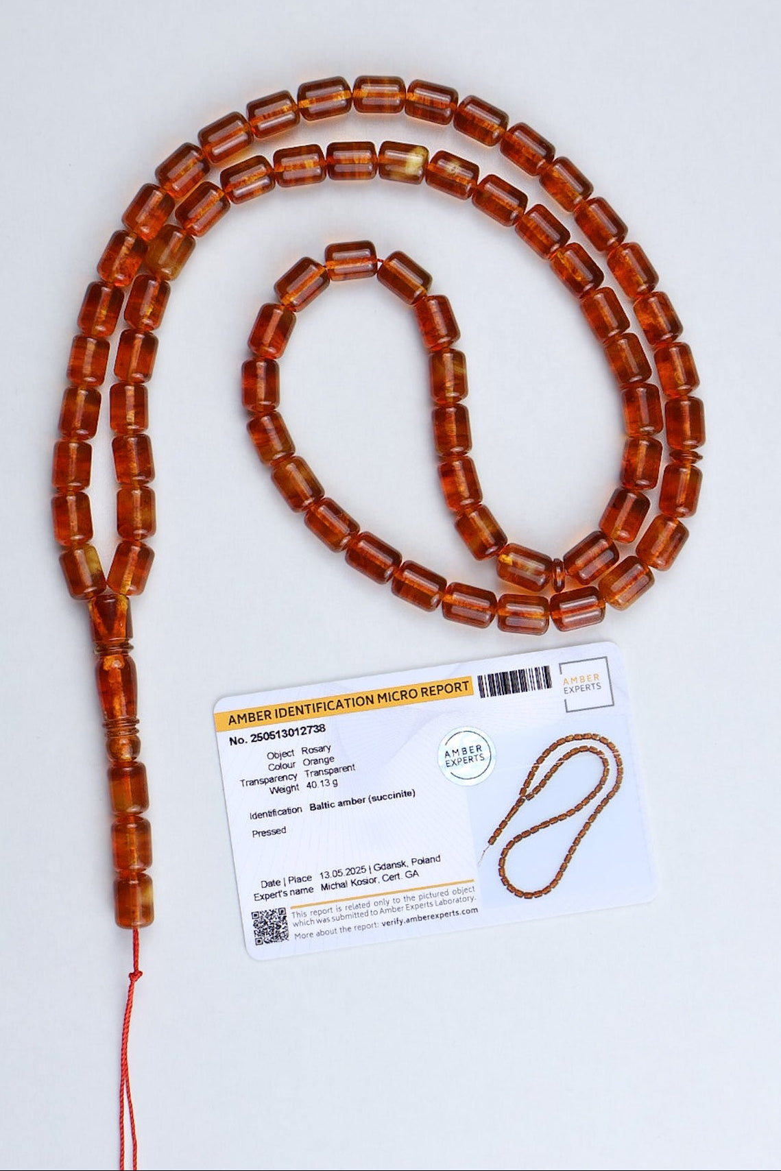 Certified Baltic amber misbaha 40g made of transparent orange succinite with laboratory certificate from Gdansk Poland