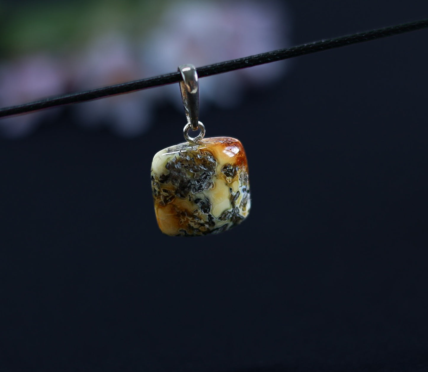 Dendritic Baltic amber square pendant in silver with natural inclusions