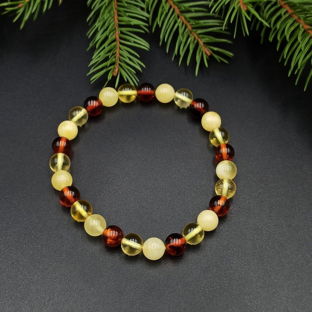 Multicolor Baltic Amber Bead Bracelet – Natural Round Amber Jewelry