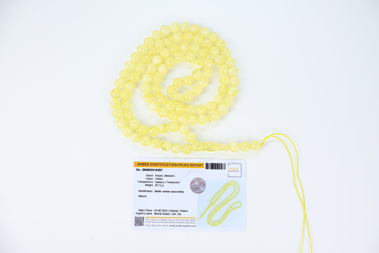 Certified natural yellow Baltic amber misbaha rosary with 102 round beads measuring 8mm by Tetibel.