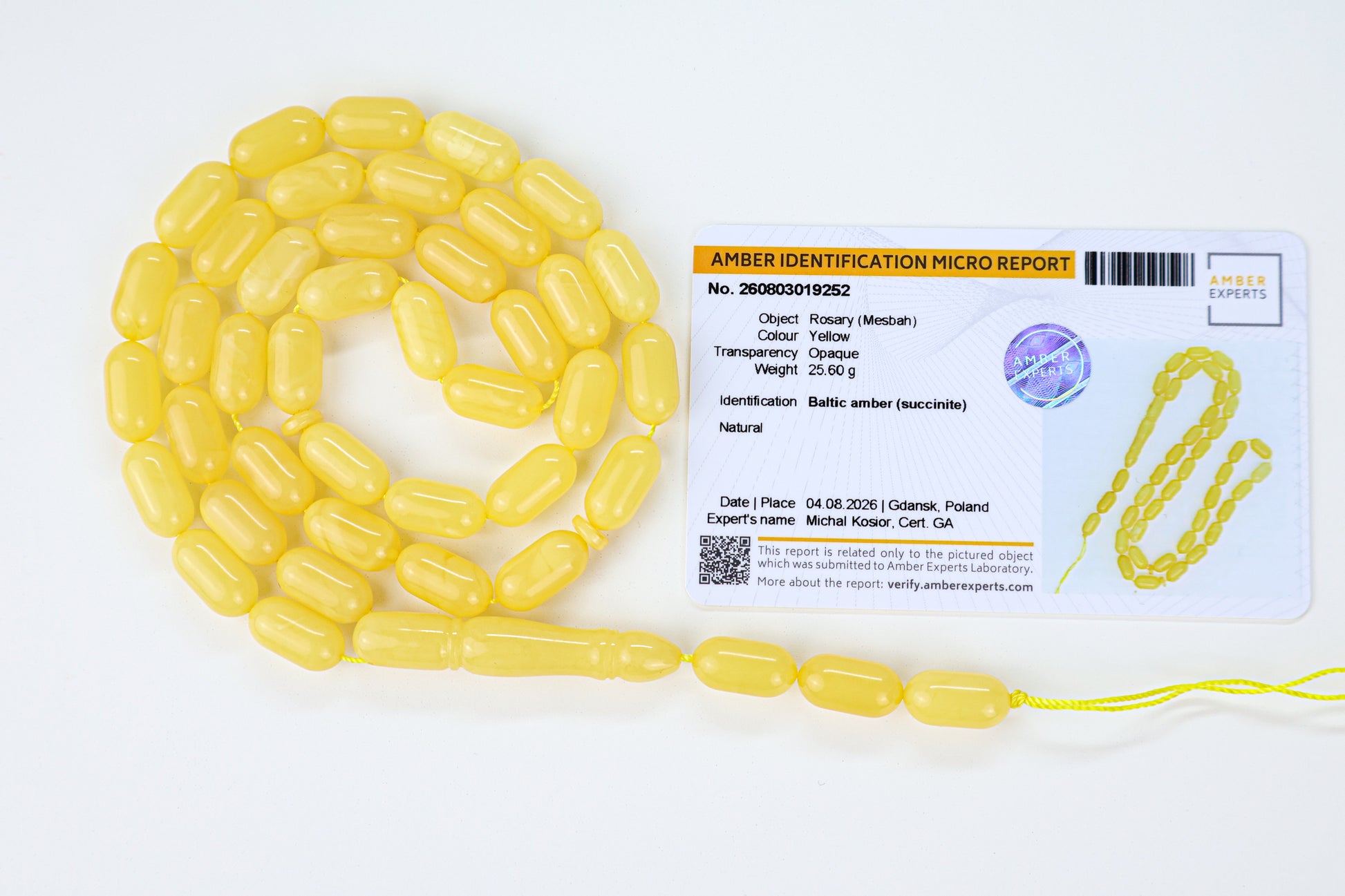 Certified natural opaque yellow Baltic amber misbaha rosary with 42 elongated beads measuring 14.5x7.5 mm by Tetibel.