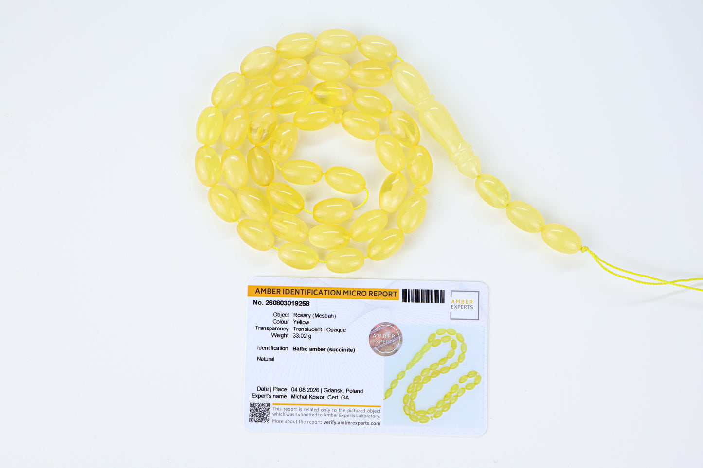 33.02g natural Baltic amber prayer beads (misbaha) certified by Amber Experts Laboratory in Gdansk, Poland.