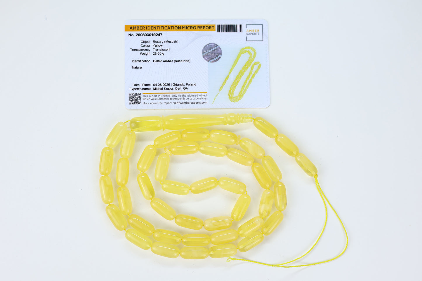 Certified natural translucent yellow Baltic amber misbaha rosary with 42 elongated beads measuring 16x7 mm by Tetibel.