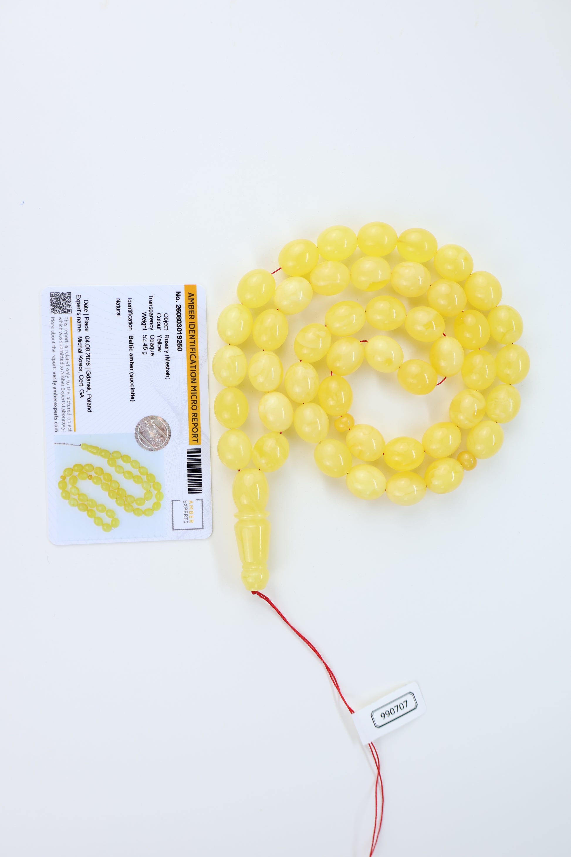 52.45g natural Baltic amber prayer beads (misbaha) certified by Amber Experts Laboratory in Gdansk, Poland.