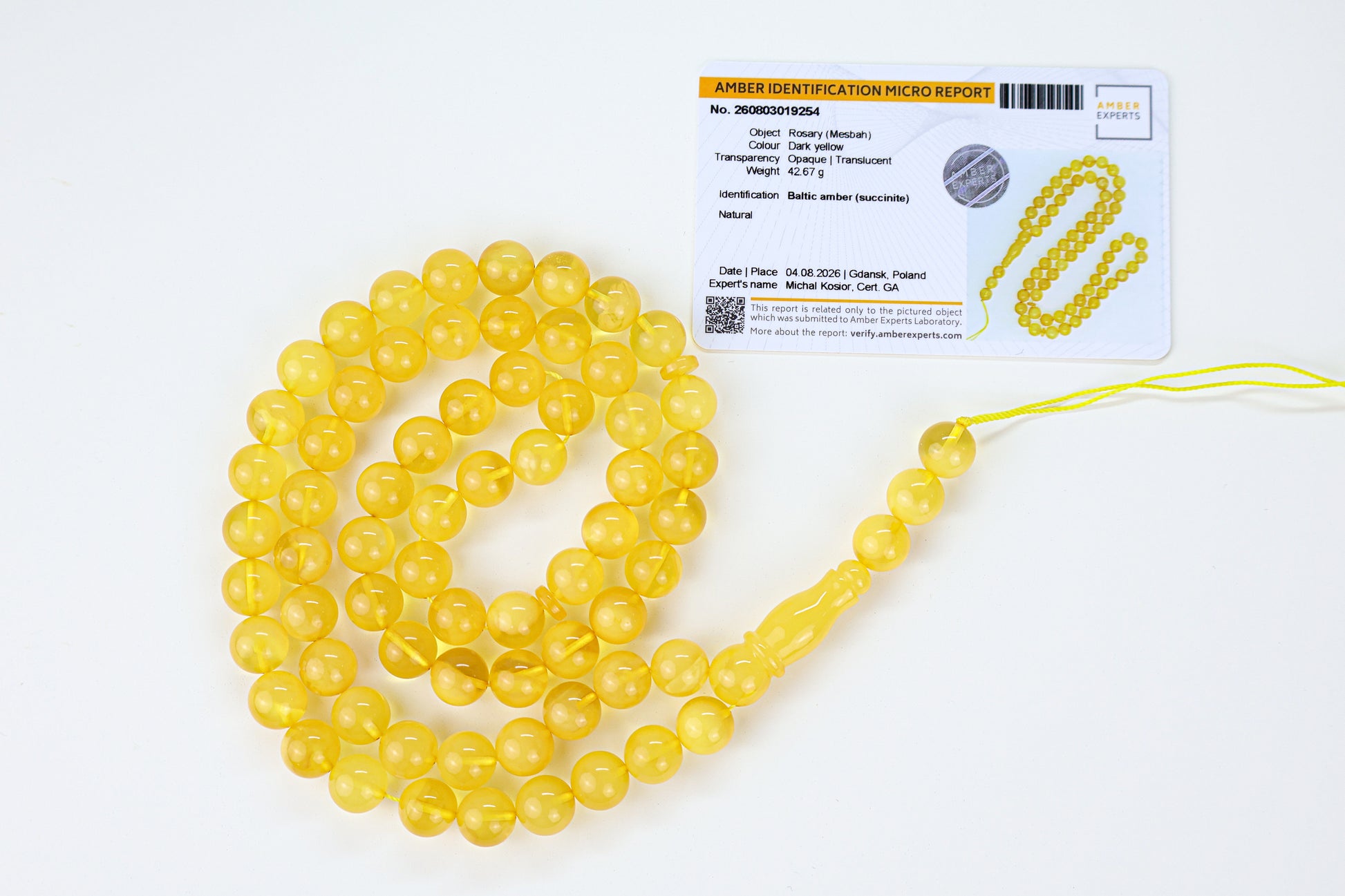 Authentic 10mm round Baltic amber misbaha strand with 69 beads and traditional amber imam head.