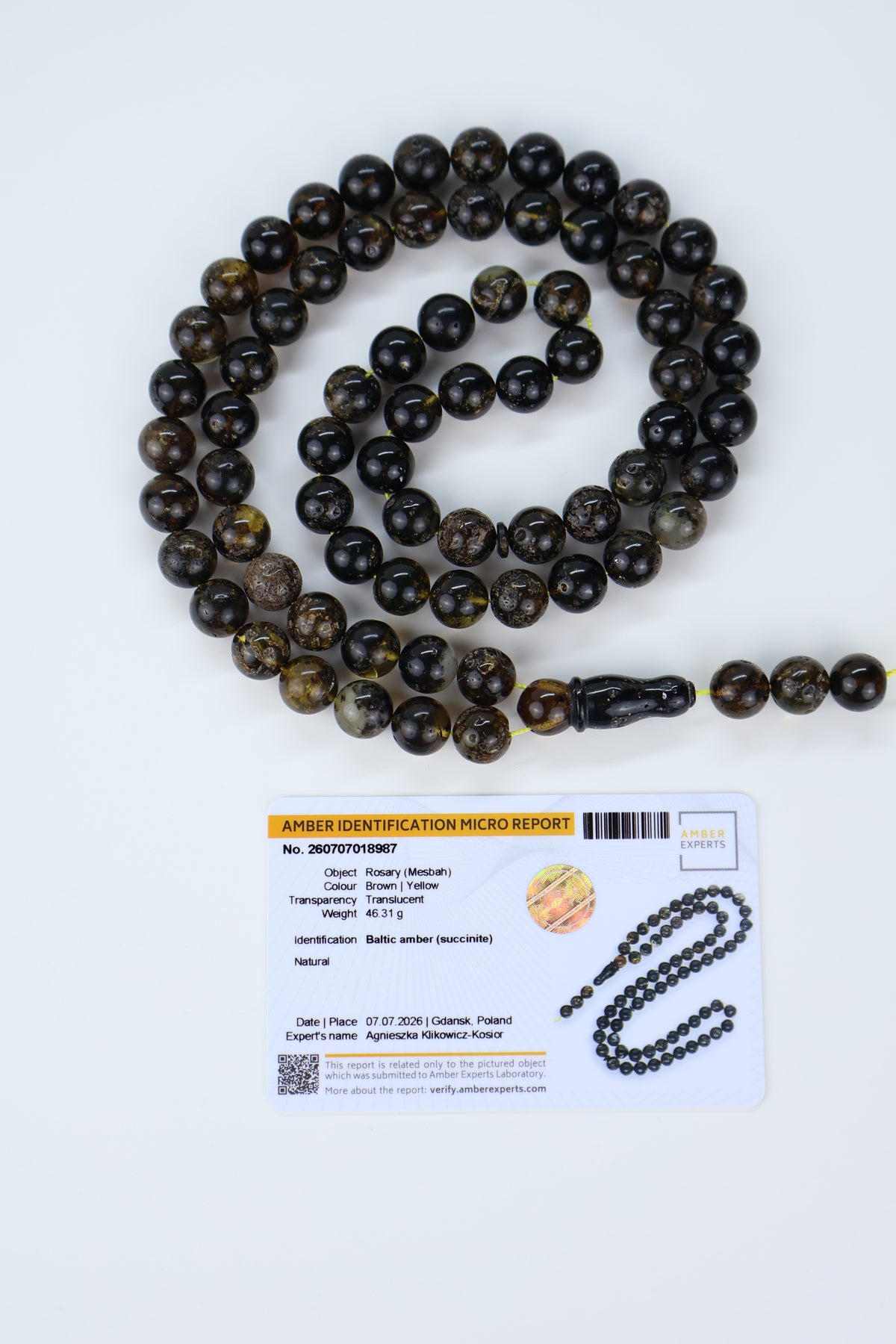 Natural Baltic amber dark brown prayer beads 46.31g with lab certificate from Tetibel Amber Jewels