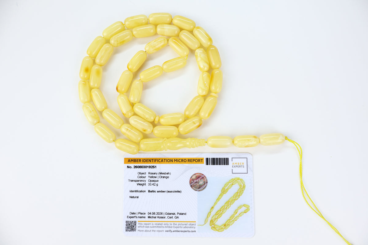 33.42g natural Baltic amber prayer beads (misbaha) certified by Amber Experts Laboratory in Gdansk, Poland.